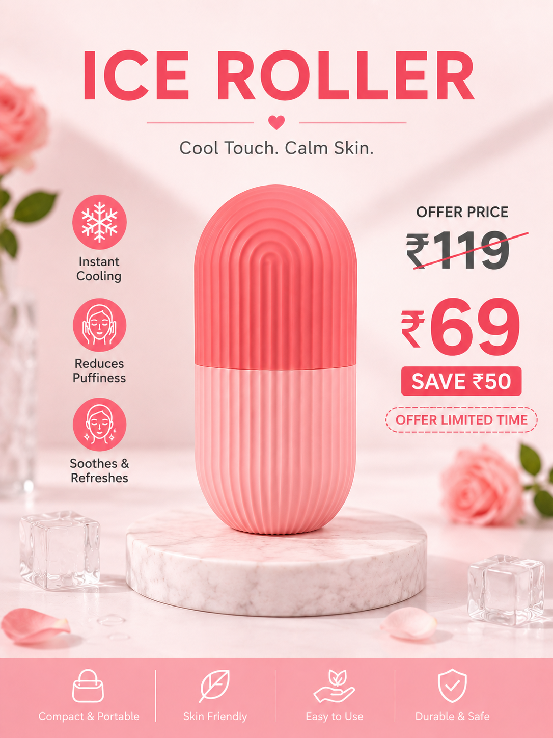 Ice Roller for Face, Facial Ice Roller for Glowing Skin, Ice Roller for Face Massager, Puffy Eyes & Skin Tightening, Reusable & Unbreakable Face Roller for Men & Women (Pink)